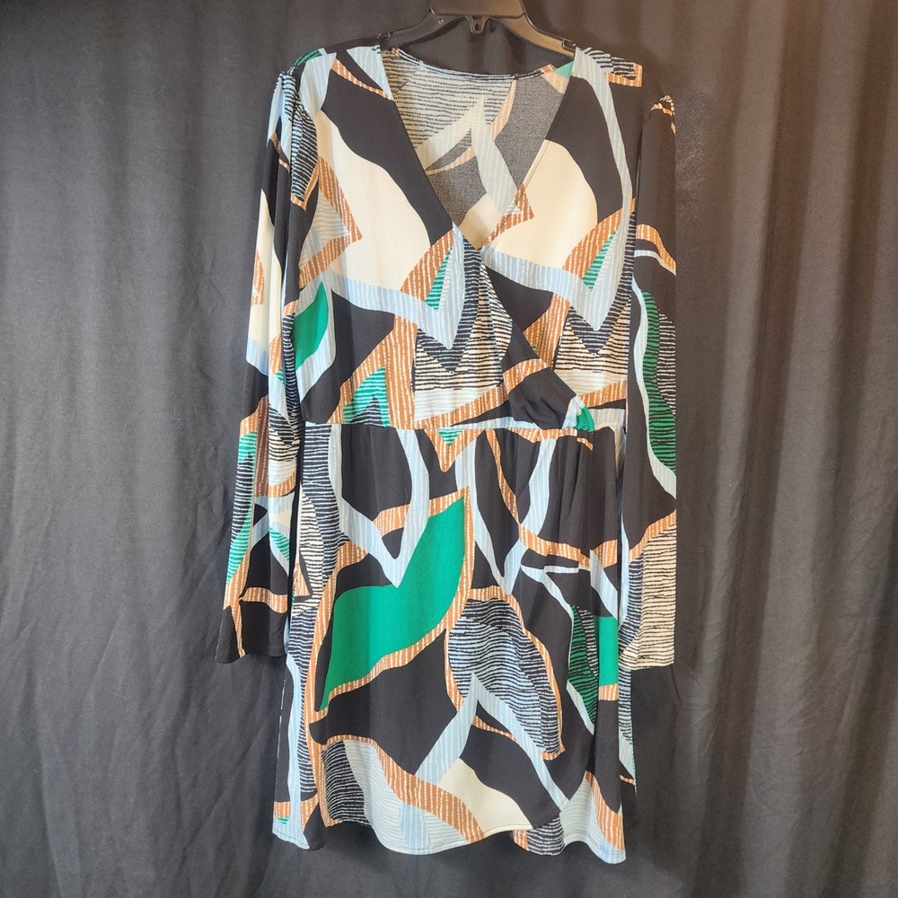 Nine West Women's Abstract Print V Neck Long Sleeve Midi Dress XL NWT